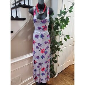 Maxi Dress Women's Gray Floral Rayon Scoop Neck Sleeveless Long Maxi Dress L